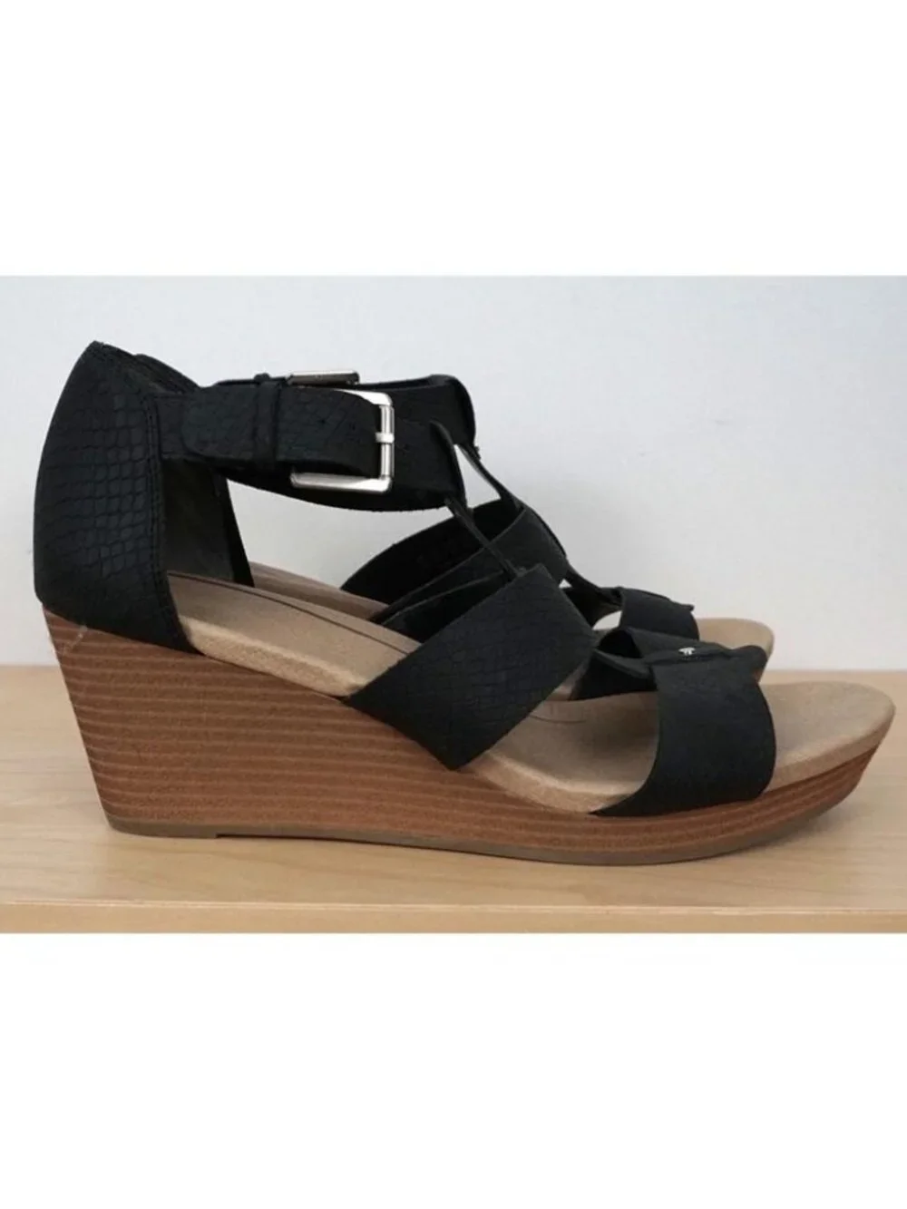 Dr. Scholls Black Barton Ankle Strappy Wedge Faux Leather Sandal Women's 9M